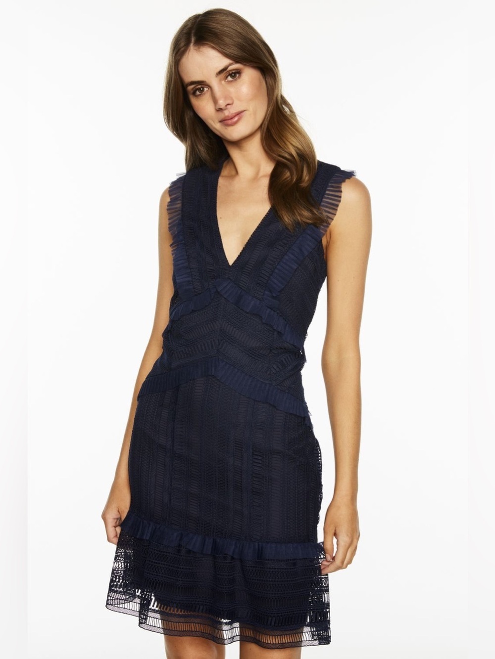 Bardot Navy Textured V-Neck Mini Dress, Romantic Kristen Lace Sheath Dress, 4